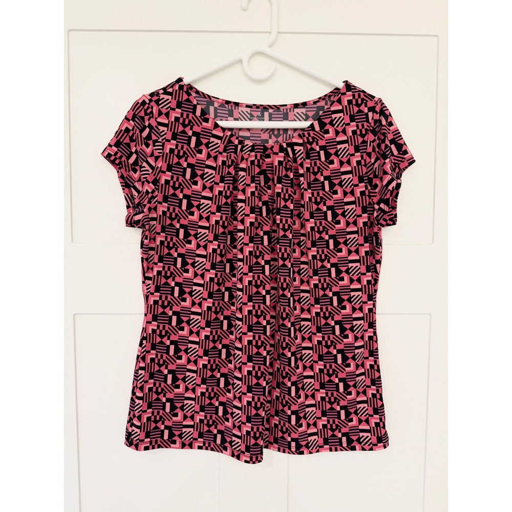 Worthington‎ Petite Pink Black Geometric Abstract Pleated Short Sleeve Blouse PL